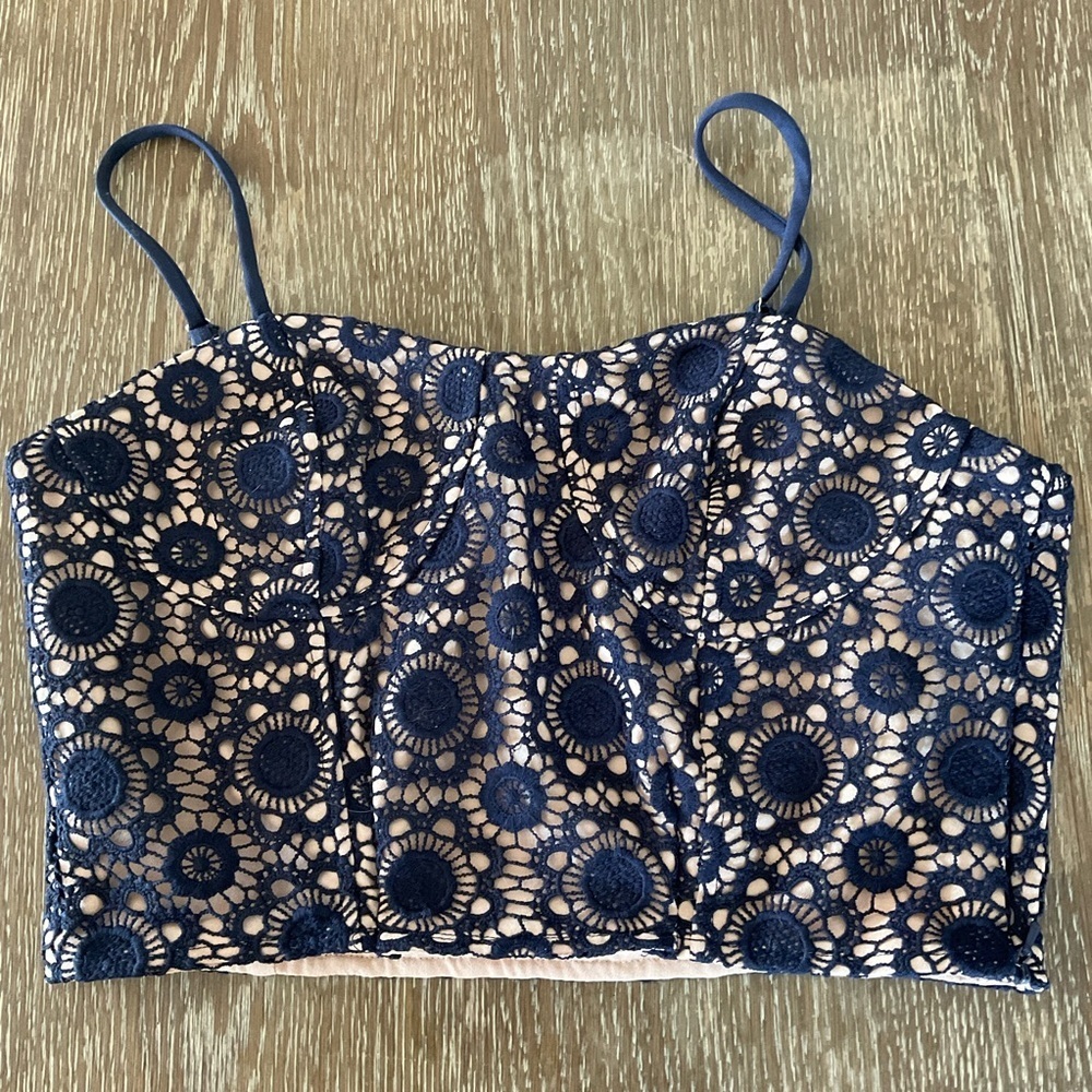 J.O.A Lace Blue Crop Top Adjustable Straps Size M